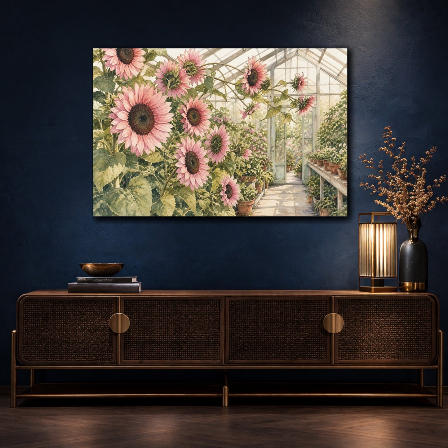 Mockup 4. Floral Pink Sunflowers Pink Sunflower shown as stretched canvas wall art