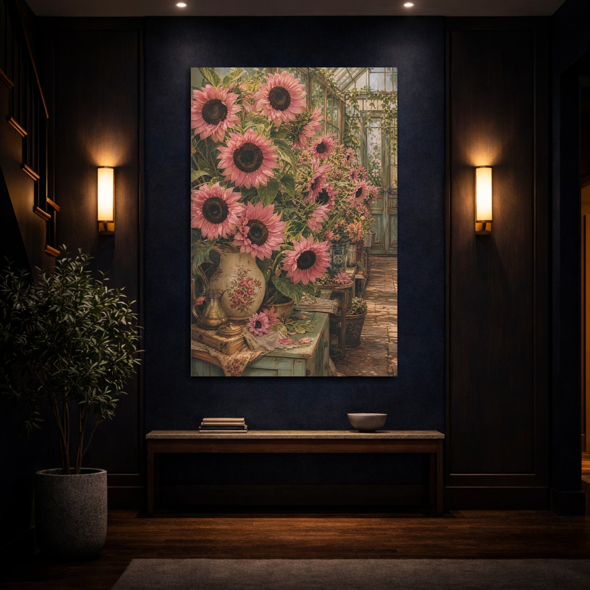 Mockup 4. Floral Pink Sunflowers Pink Sunflower shown as stretched canvas wall art