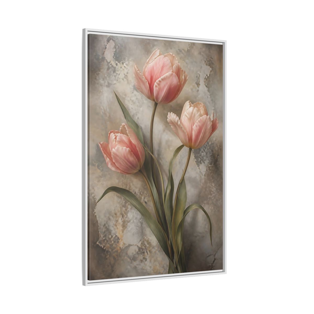 Floral Pink Tulips and Grey Framed Canvas Wall Art - Living Room Above Fireplace shown as canvas wall art
