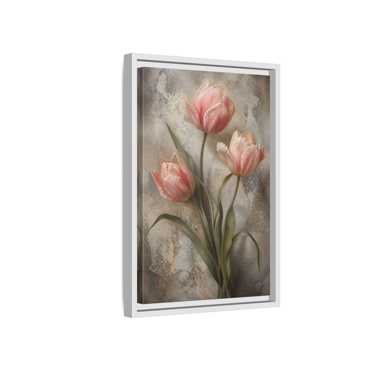 Floral Pink Tulips and Grey Framed Canvas Wall Art - Living Room Above Fireplace shown as canvas wall art