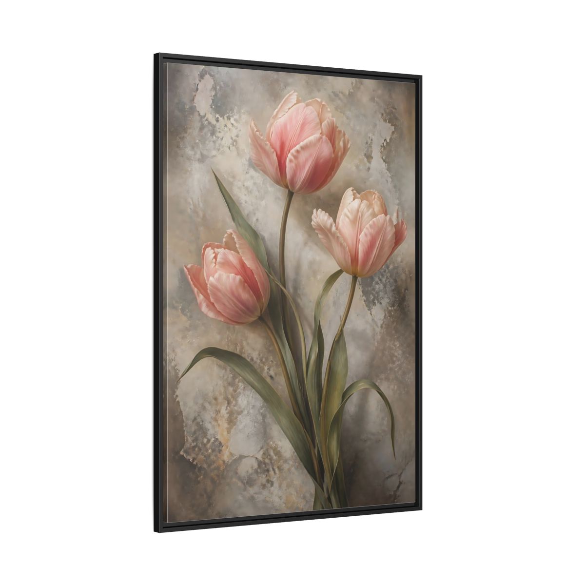 Floral Pink Tulips and Grey Framed Canvas Wall Art - Living Room Above Fireplace shown as canvas wall art