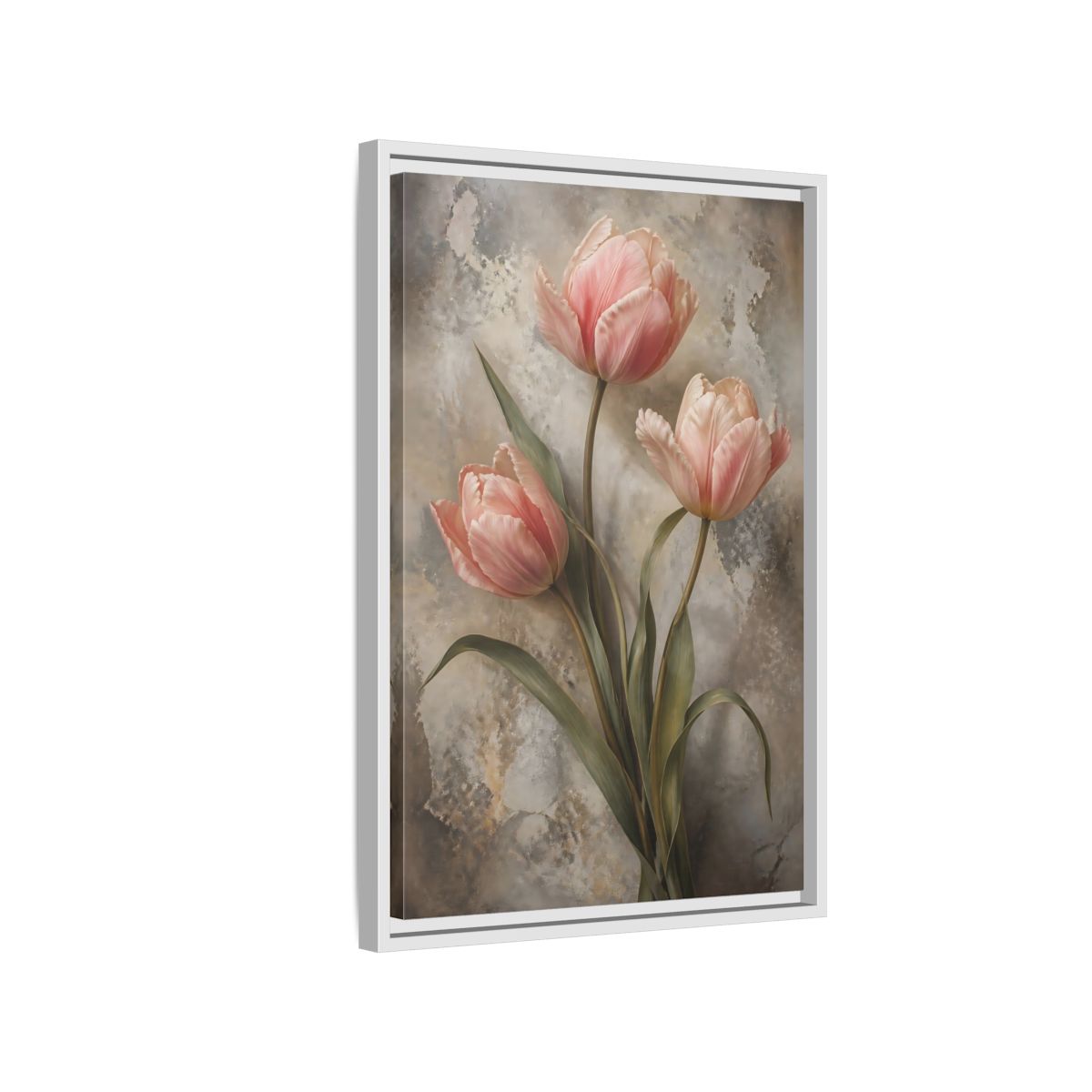 Floral Pink Tulips and Grey Framed Canvas Wall Art - Living Room Above Fireplace shown as canvas wall art