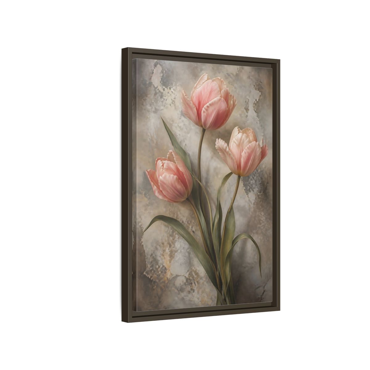Floral Pink Tulips and Grey Framed Canvas Wall Art - Living Room Above Fireplace shown as canvas wall art