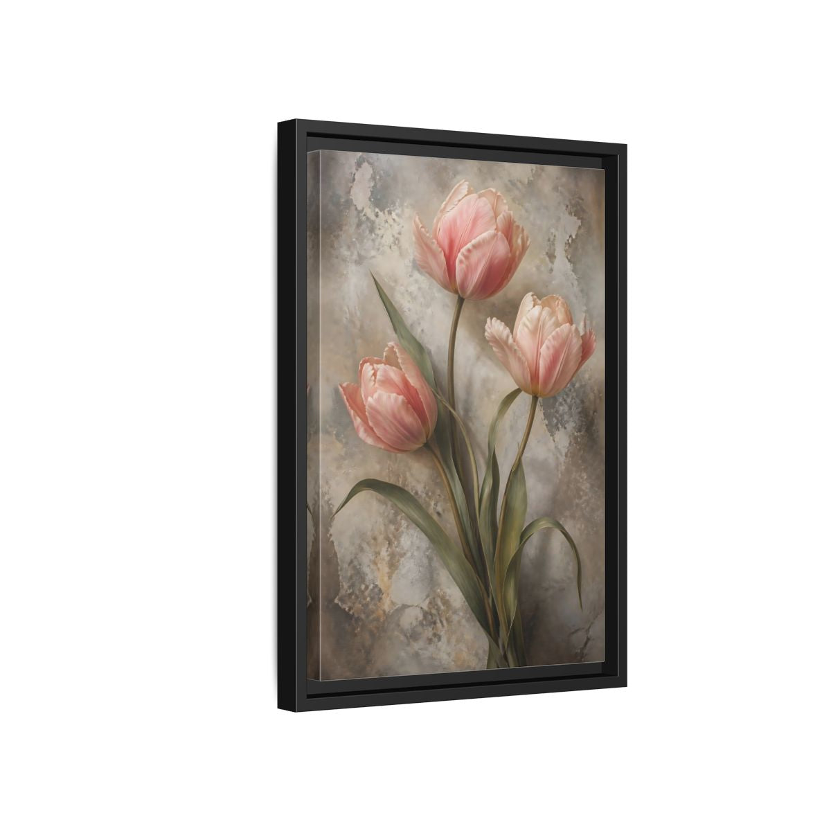 Floral Pink Tulips and Grey Framed Canvas Wall Art - Living Room Above Fireplace shown as canvas wall art