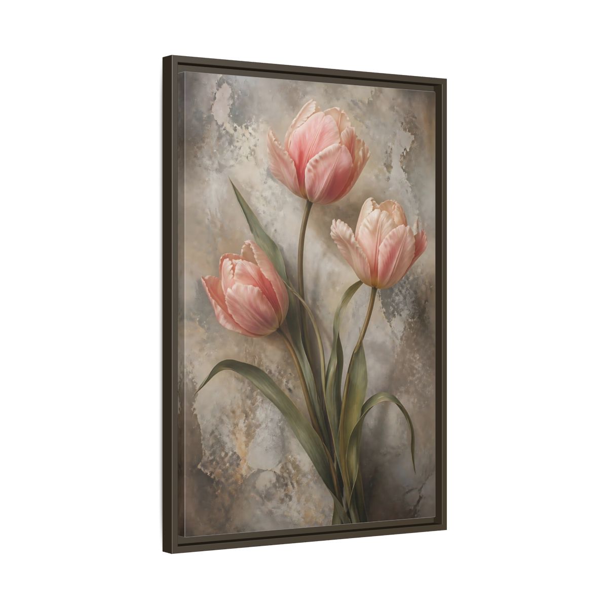Floral Pink Tulips and Grey Framed Canvas Wall Art - Living Room Above Fireplace shown as canvas wall art