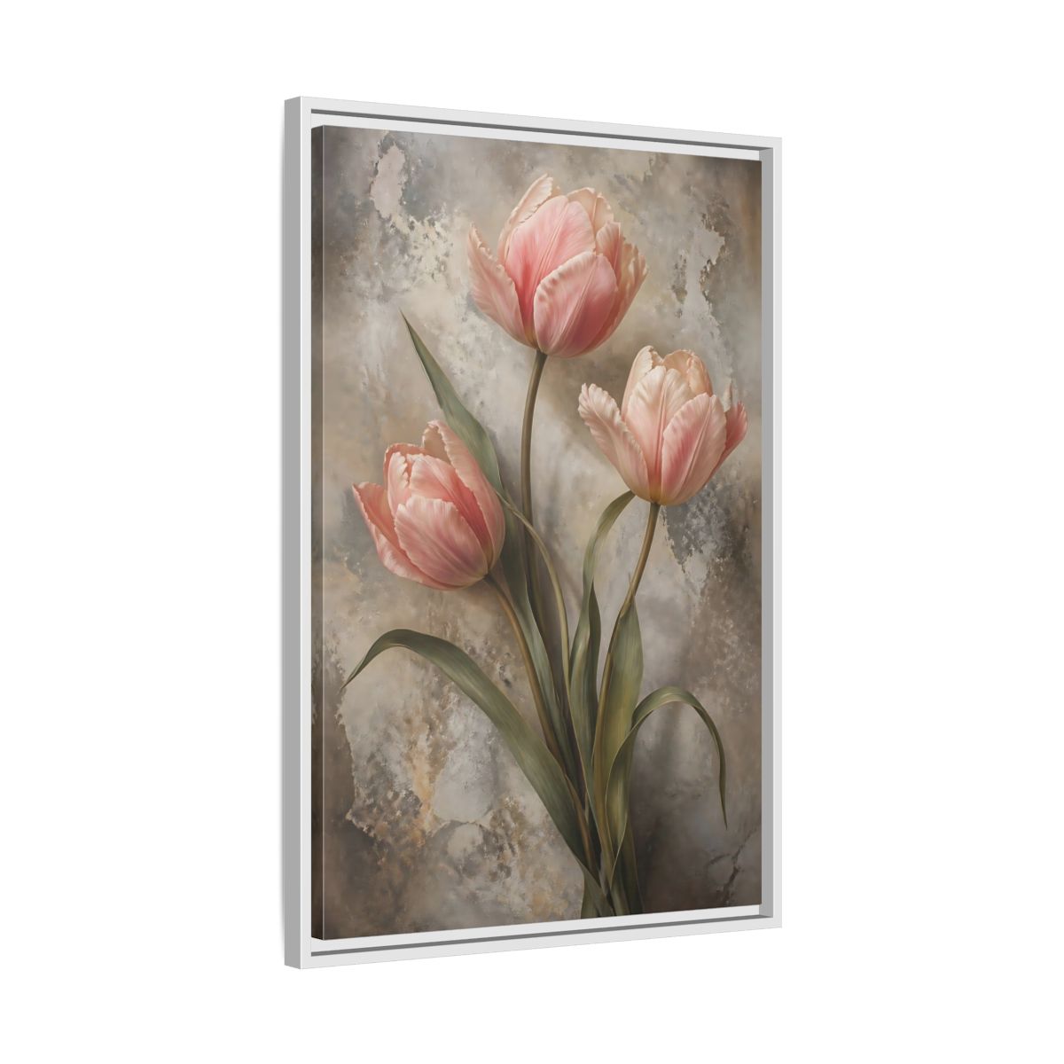 Floral Pink Tulips and Grey Framed Canvas Wall Art - Living Room Above Fireplace shown as canvas wall art