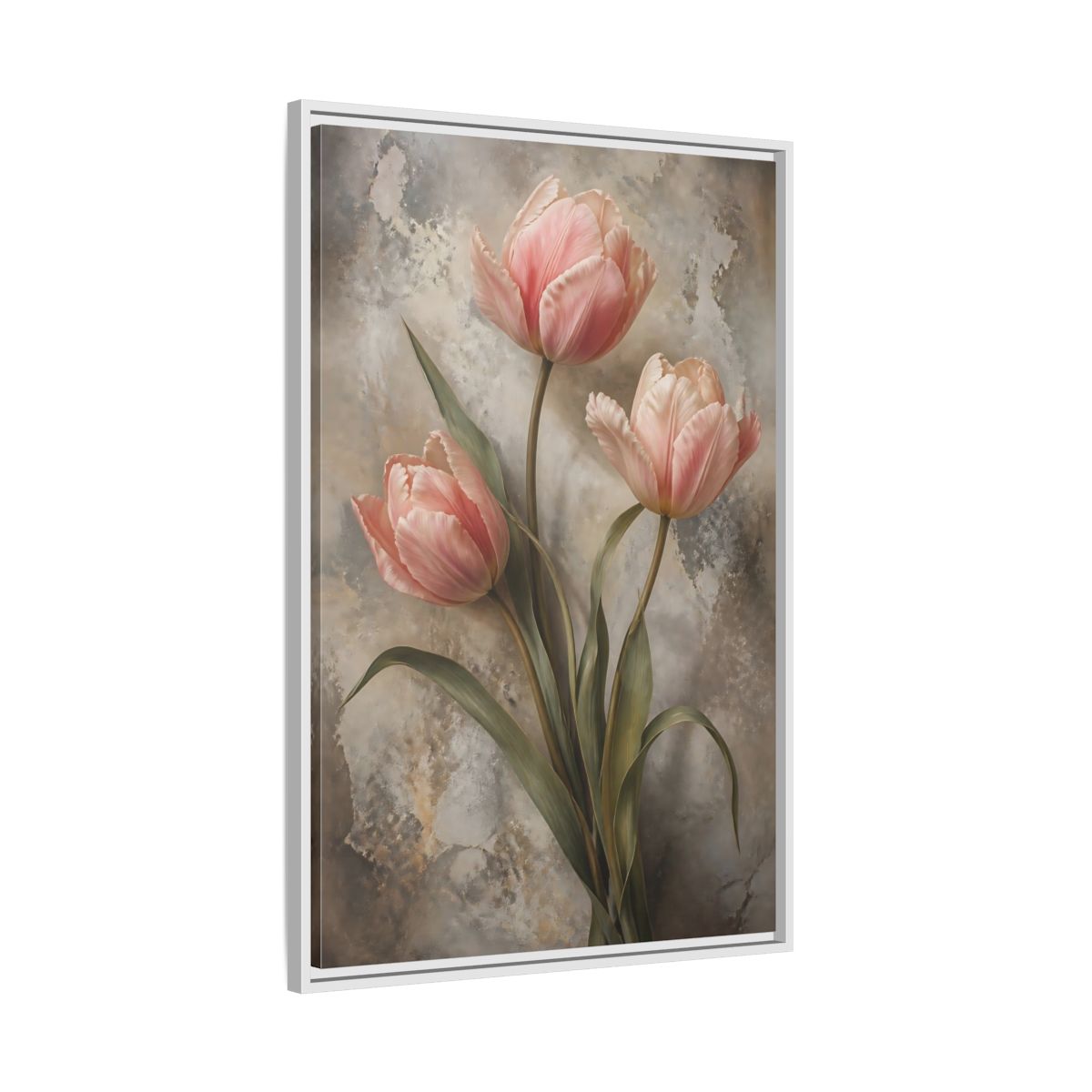 Floral Pink Tulips and Grey Framed Canvas Wall Art - Living Room Above Fireplace shown as canvas wall art