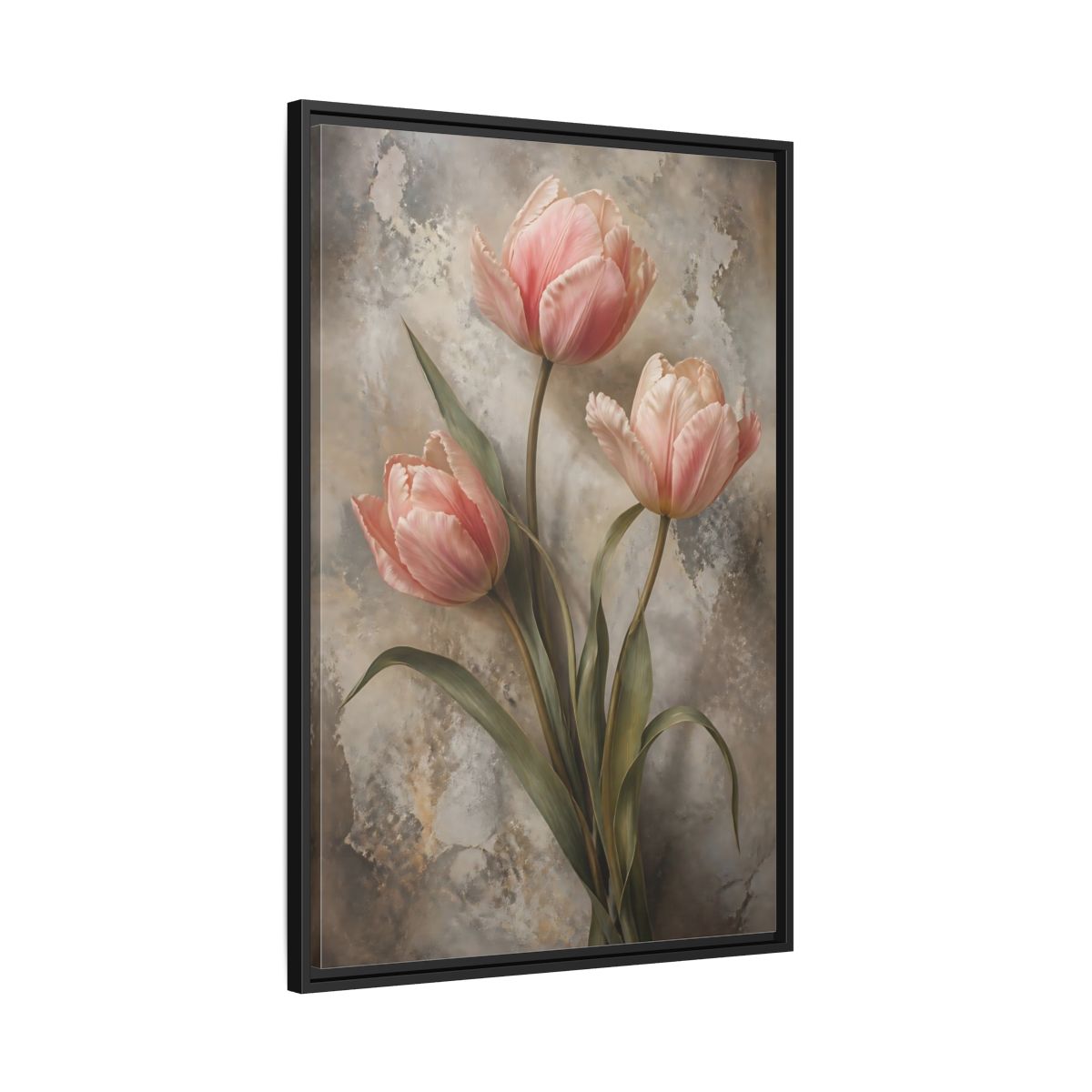 Floral Pink Tulips and Grey Framed Canvas Wall Art - Living Room Above Fireplace shown as canvas wall art