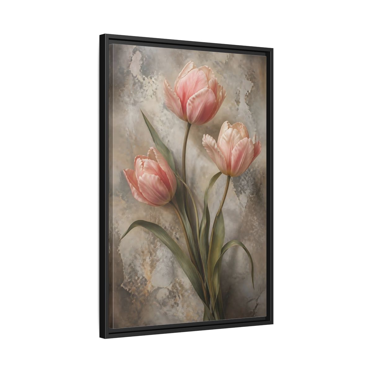Floral Pink Tulips and Grey Framed Canvas Wall Art - Living Room Above Fireplace shown as canvas wall art