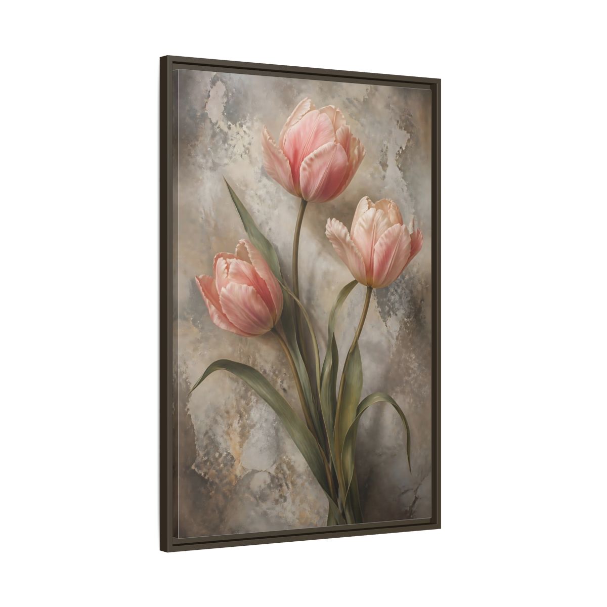 Floral Pink Tulips and Grey Framed Canvas Wall Art - Living Room Above Fireplace shown as canvas wall art