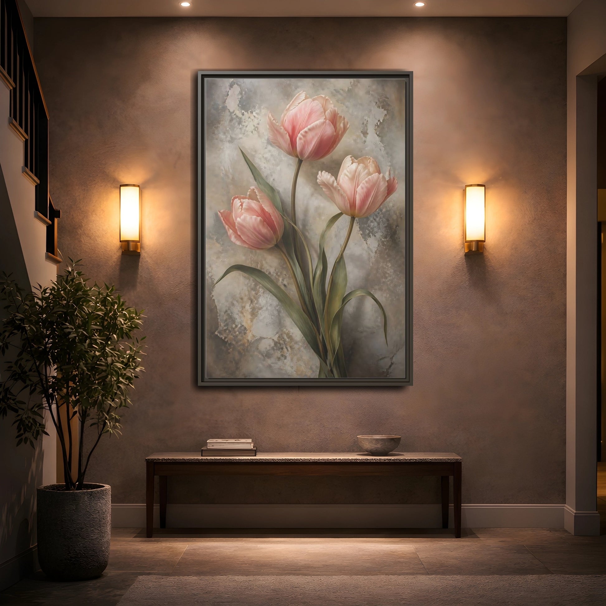 Floral Pink Tulips and Grey Framed Canvas Wall Art - Living Room Above Fireplace shown as canvas wall art