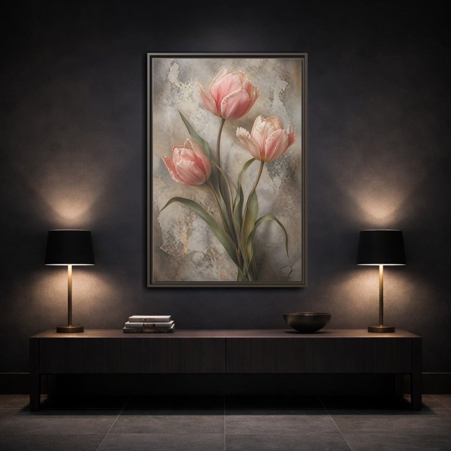 Floral Pink Tulips and Grey Framed Canvas Wall Art - Living Room Above Fireplace shown as canvas wall art