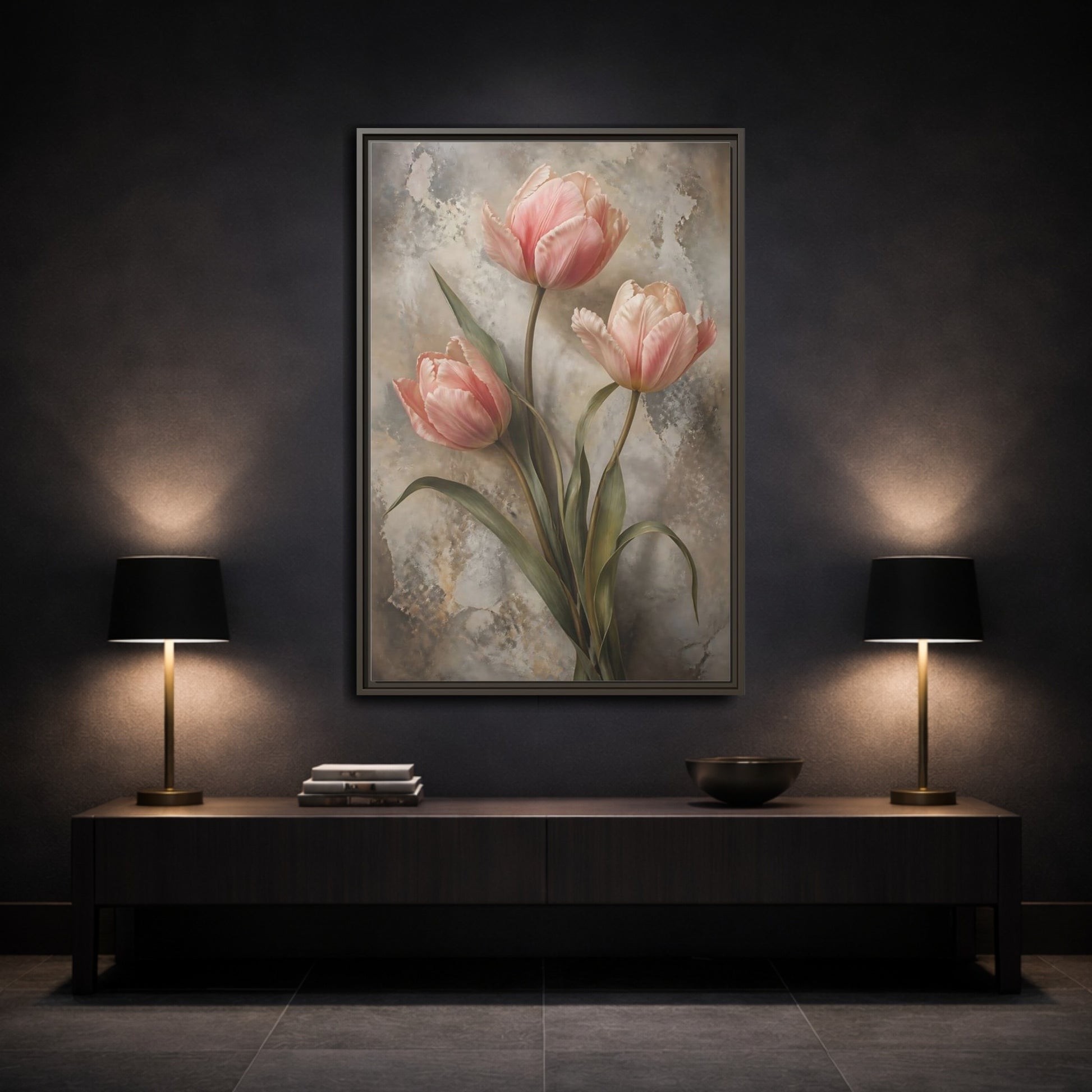 Floral Pink Tulips and Grey Framed Canvas Wall Art - Living Room Above Fireplace shown as canvas wall art