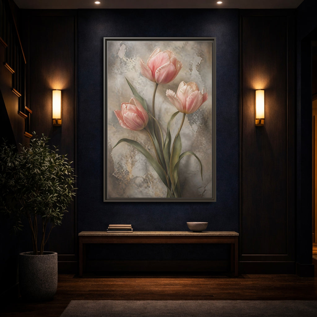 Mockup 4. Floral Pink Tulips Pink And Grey shown as stretched canvas wall art