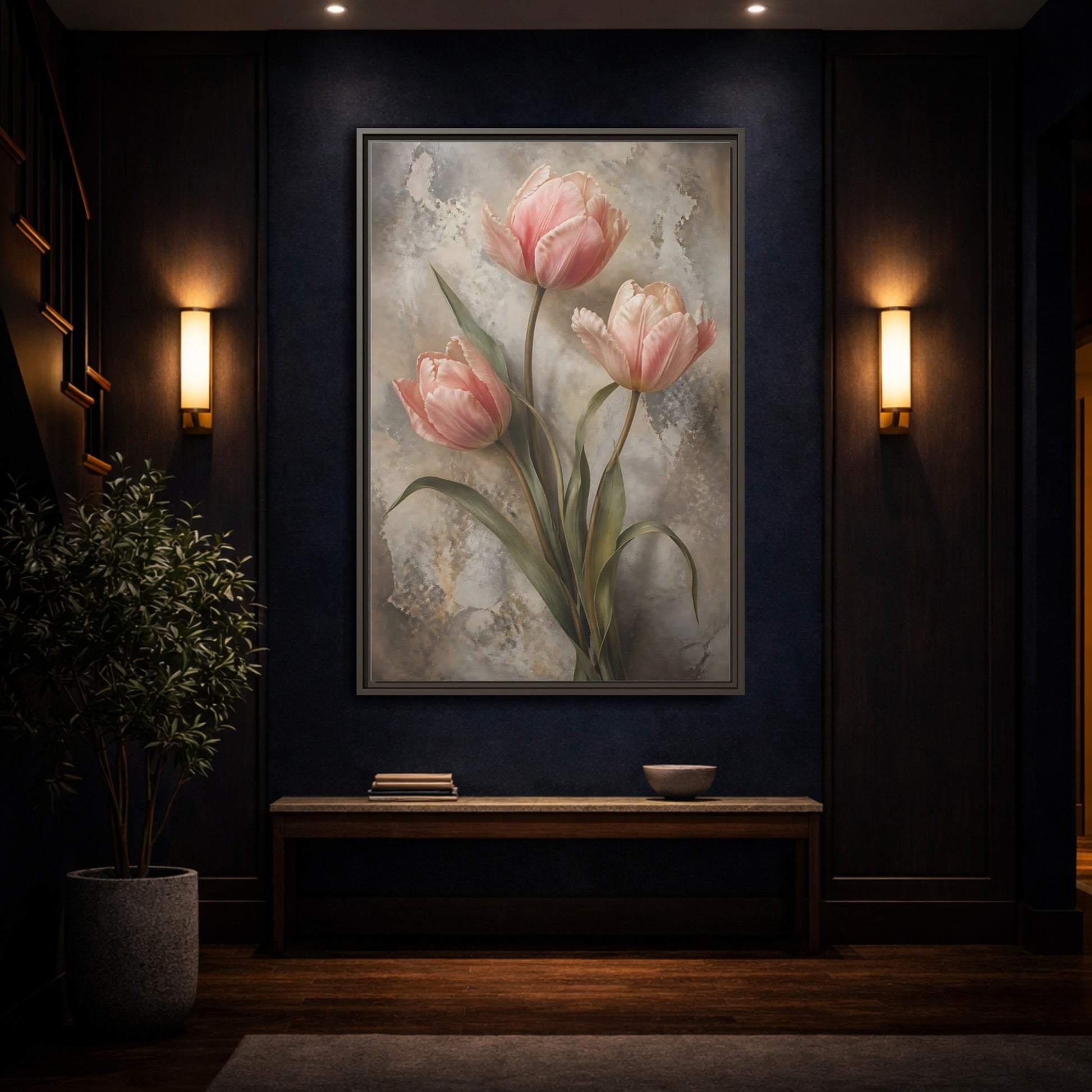 Floral Pink Tulips and Grey Framed Canvas Wall Art - Living Room Above Fireplace shown as canvas wall art