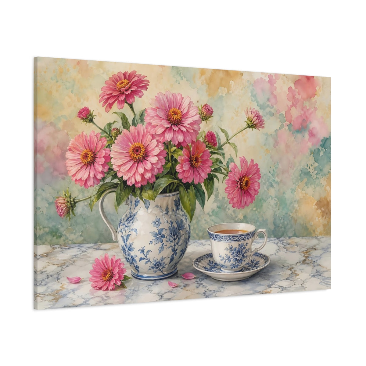 Side Mockup 1. Floral Pink Zinnias Pink And Blue Floral shown as stretched canvas wall art