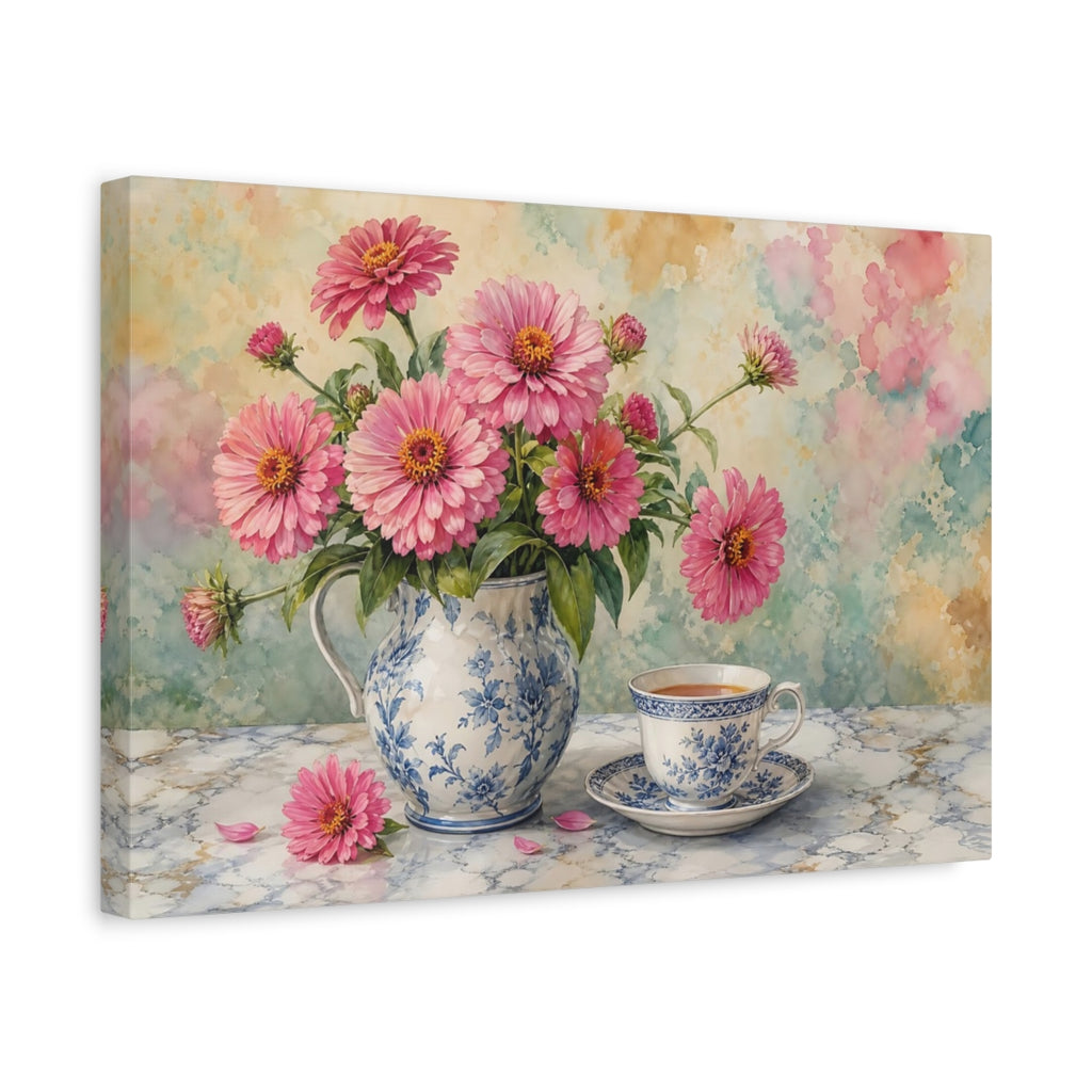 Side Mockup 4. Floral Pink Zinnias Pink And Blue Floral shown as stretched canvas wall art