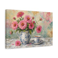 Side Mockup 4. Floral Pink Zinnias Pink And Blue Floral shown as stretched canvas wall art