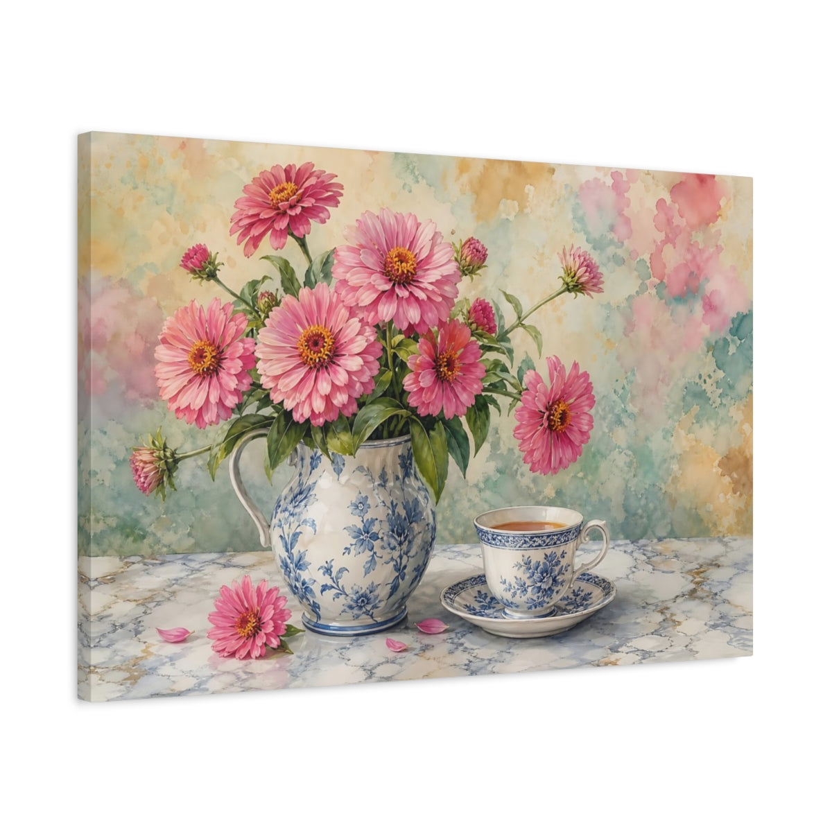 Side Mockup 2. Floral Pink Zinnias Pink And Blue Floral shown as stretched canvas wall art