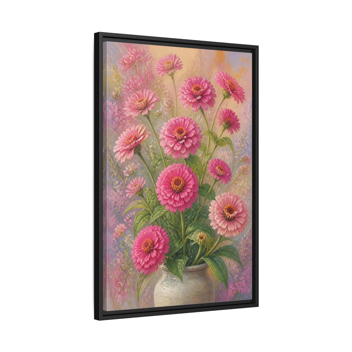 Side Mockup 14. Floral Pink Zinnias Pink Zinnia Bouquet shown as stretched canvas wall art