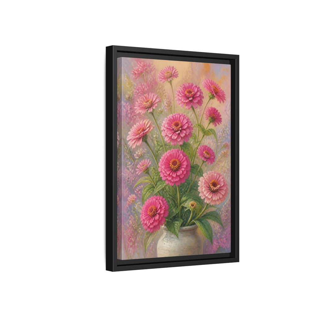 Side Mockup 6. Floral Pink Zinnias Pink Zinnia Bouquet shown as stretched canvas wall art