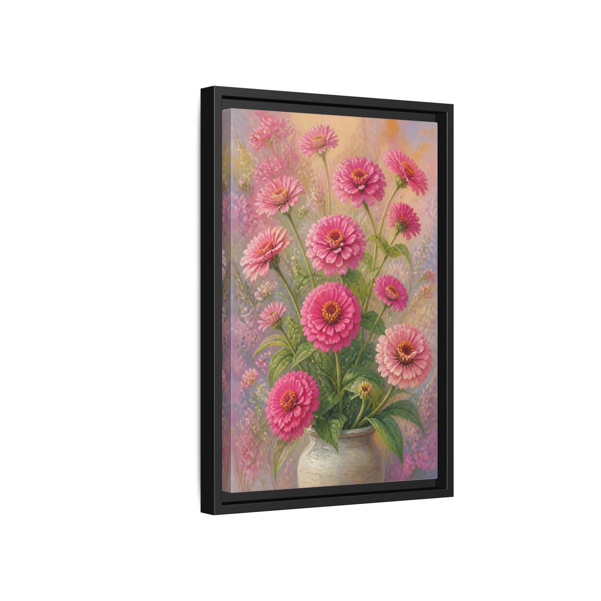 Side Mockup 6. Floral Pink Zinnias Pink Zinnia Bouquet shown as stretched canvas wall art