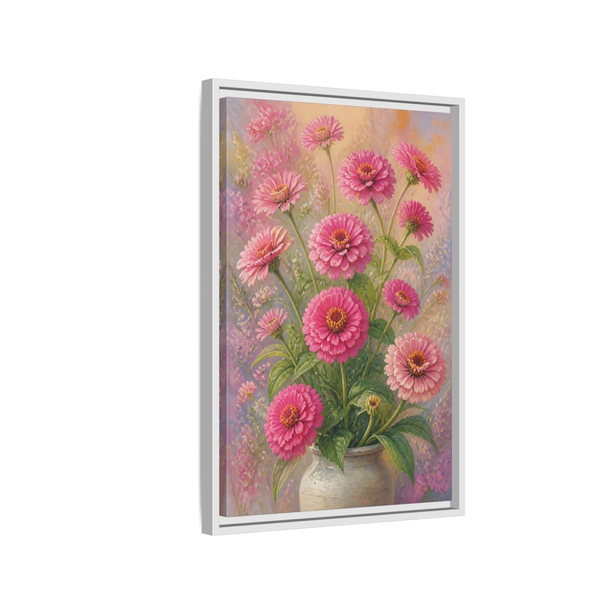 Side Mockup 1. Floral Pink Zinnias Pink Zinnia Bouquet shown as stretched canvas wall art