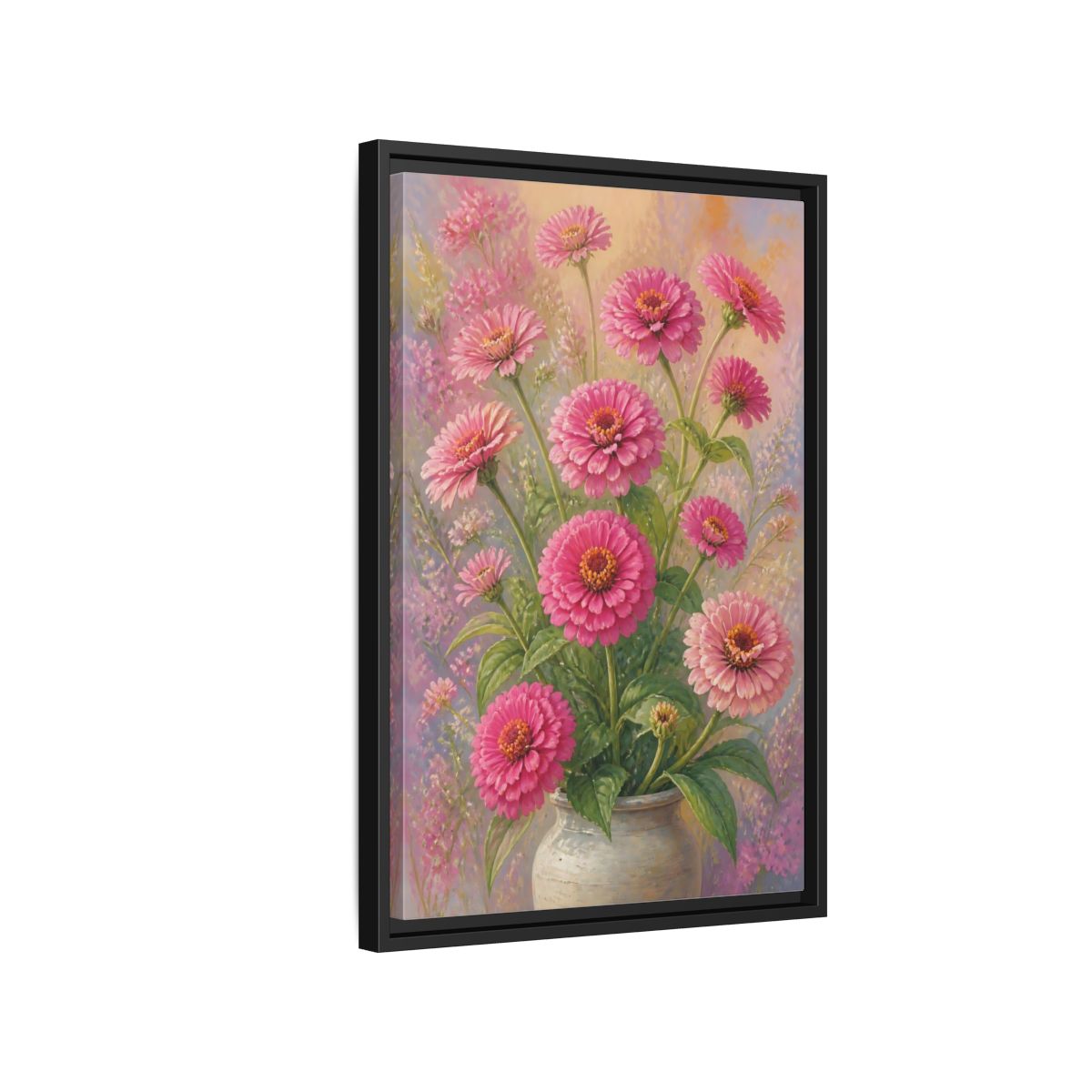 Side Mockup 3. Floral Pink Zinnias Pink Zinnia Bouquet shown as stretched canvas wall art