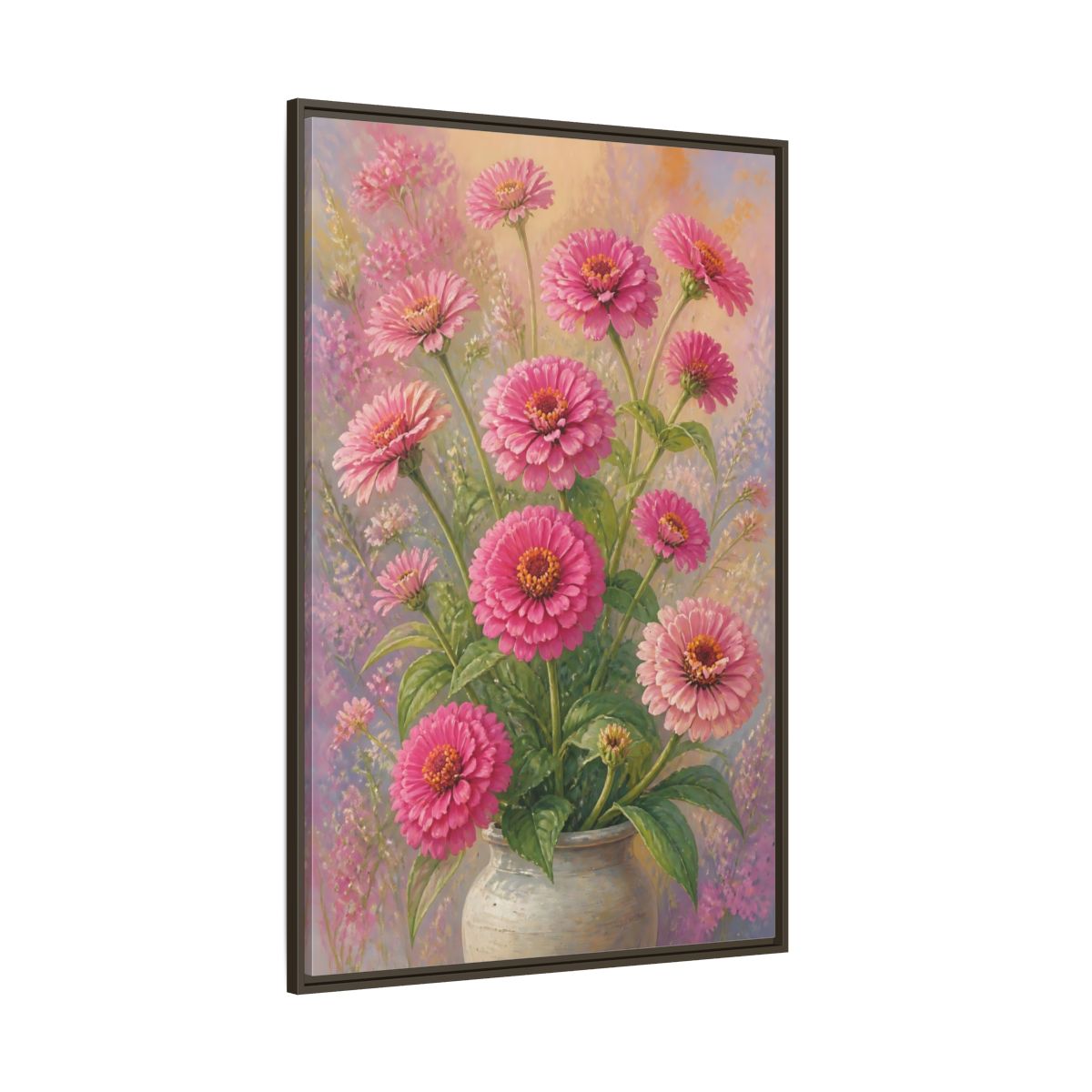 Side Mockup 8. Floral Pink Zinnias Pink Zinnia Bouquet shown as stretched canvas wall art