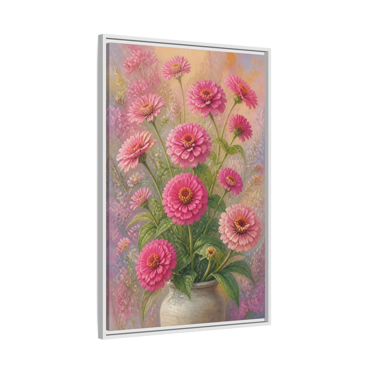 Side Mockup 9. Floral Pink Zinnias Pink Zinnia Bouquet shown as stretched canvas wall art