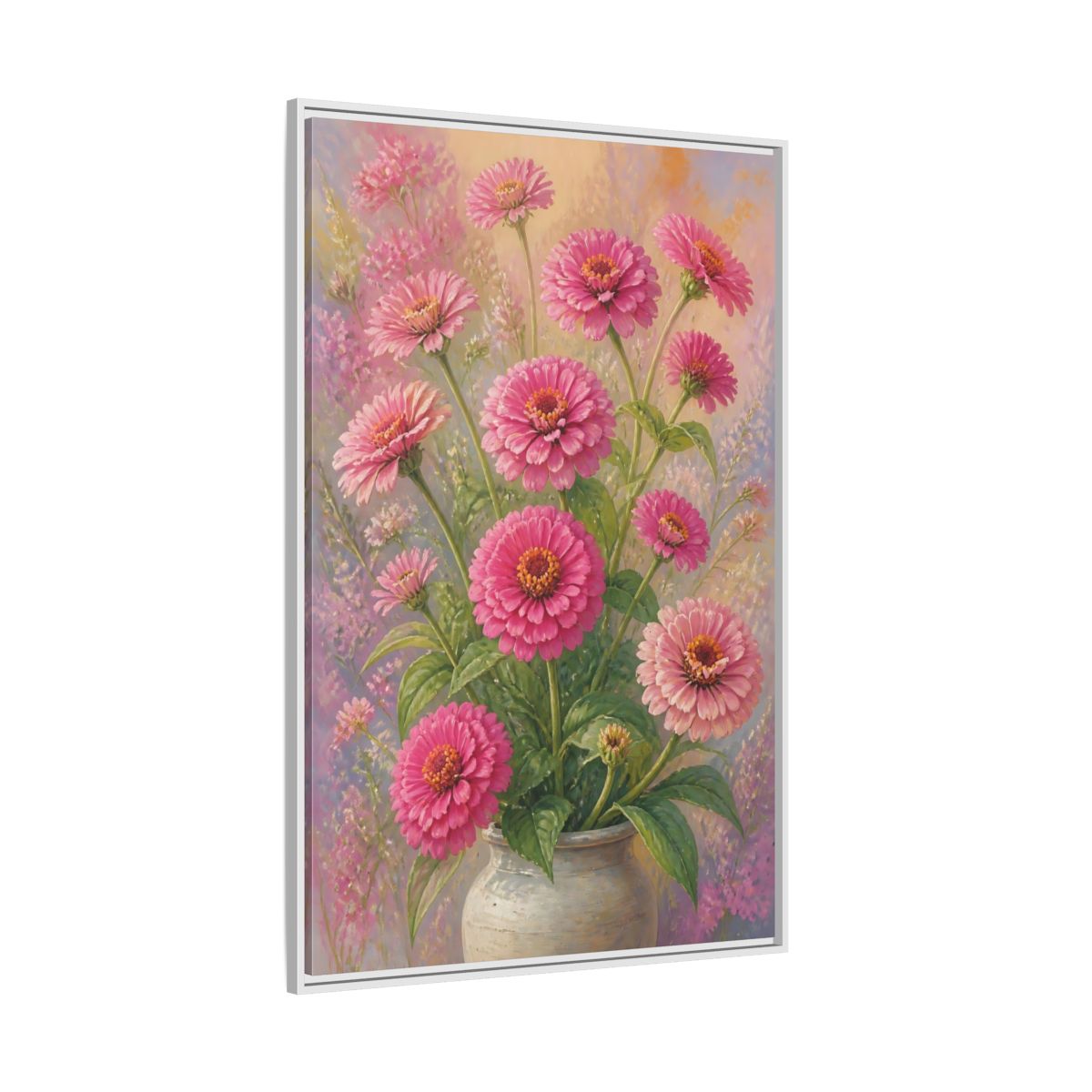 Side Mockup 7. Floral Pink Zinnias Pink Zinnia Bouquet shown as stretched canvas wall art