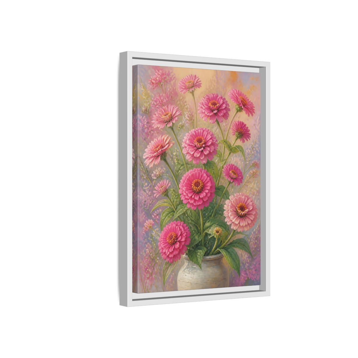 Side Mockup 4. Floral Pink Zinnias Pink Zinnia Bouquet shown as stretched canvas wall art
