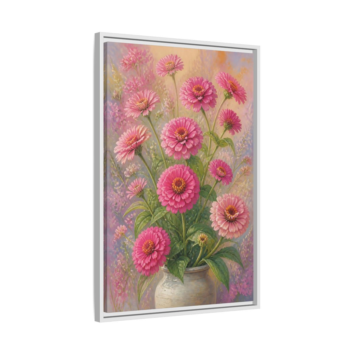 Side Mockup 10. Floral Pink Zinnias Pink Zinnia Bouquet shown as stretched canvas wall art