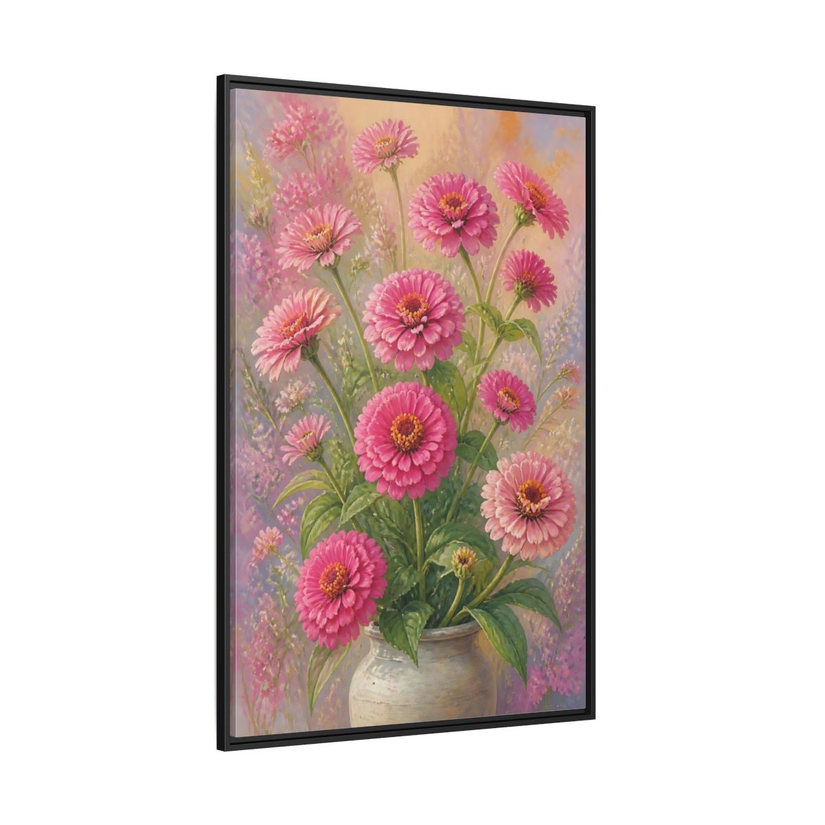 Side Mockup 12. Floral Pink Zinnias Pink Zinnia Bouquet shown as stretched canvas wall art