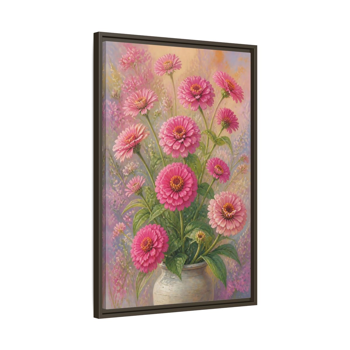 Side Mockup 11. Floral Pink Zinnias Pink Zinnia Bouquet shown as stretched canvas wall art