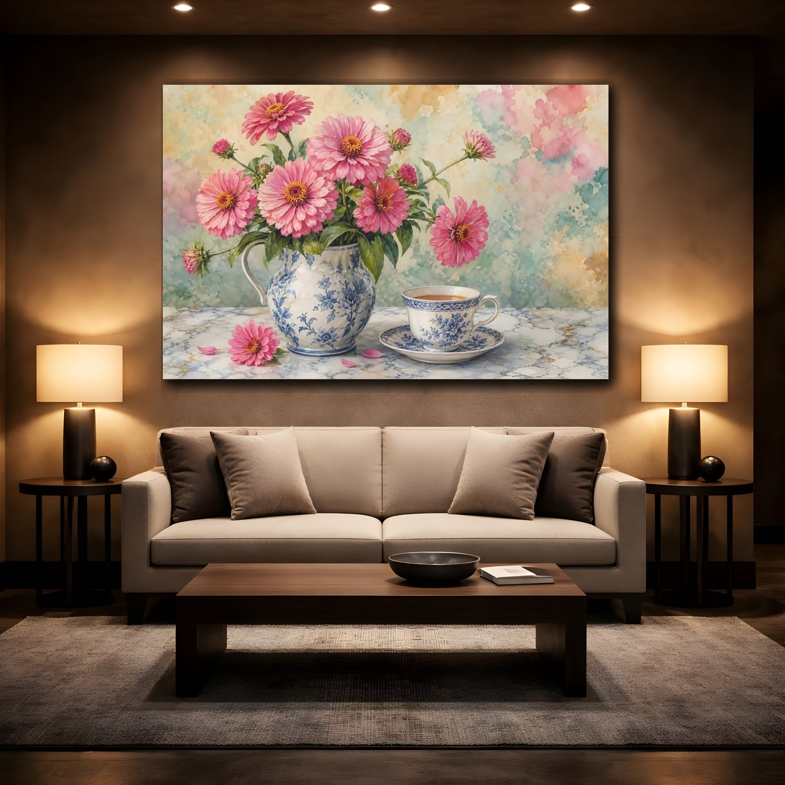 Mockup 2. Floral Pink Zinnias Pink And Blue Floral shown as stretched canvas wall art