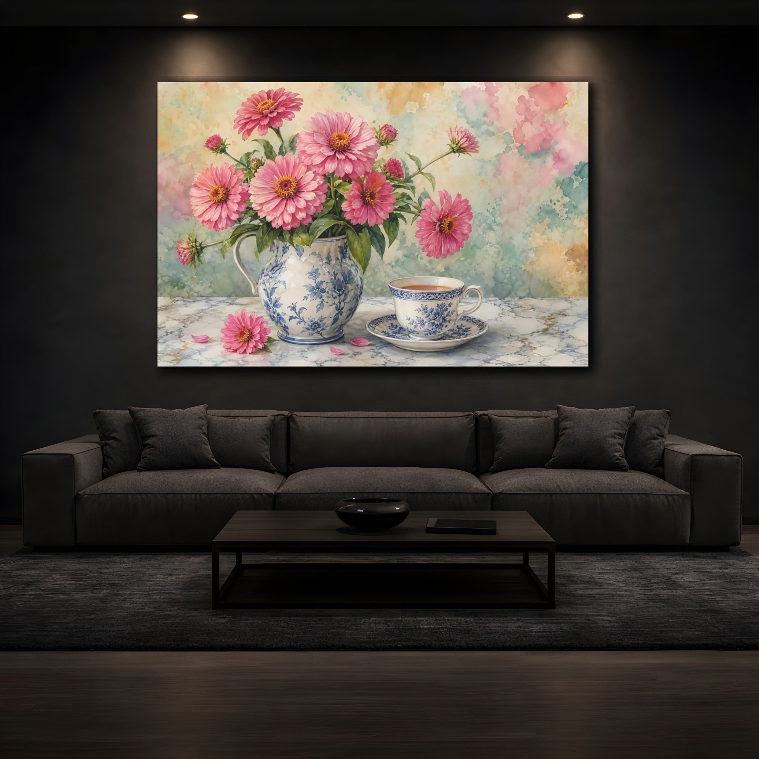 Mockup 3. Floral Pink Zinnias Pink And Blue Floral shown as stretched canvas wall art