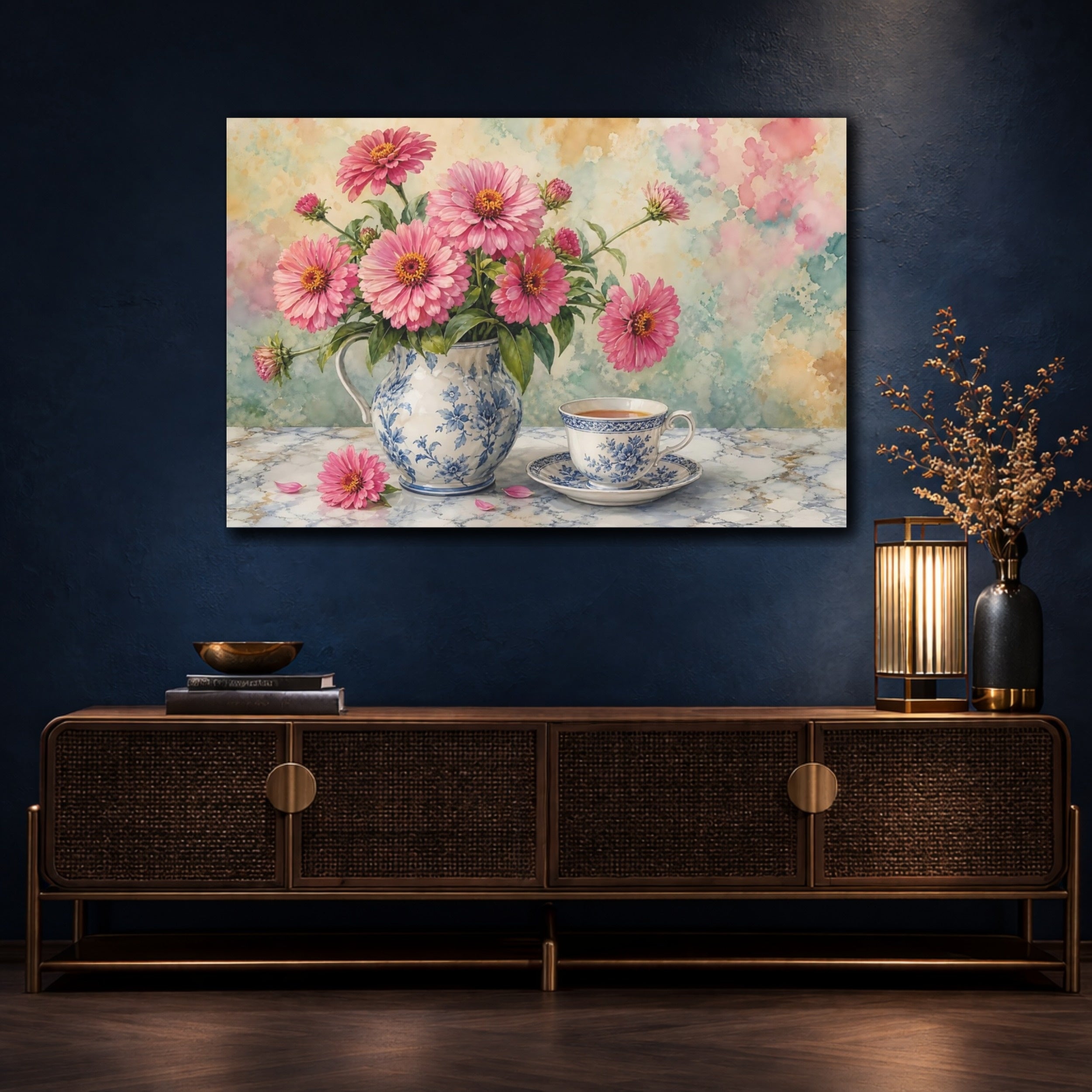 Mockup 4. Floral Pink Zinnias Pink And Blue Floral shown as stretched canvas wall art