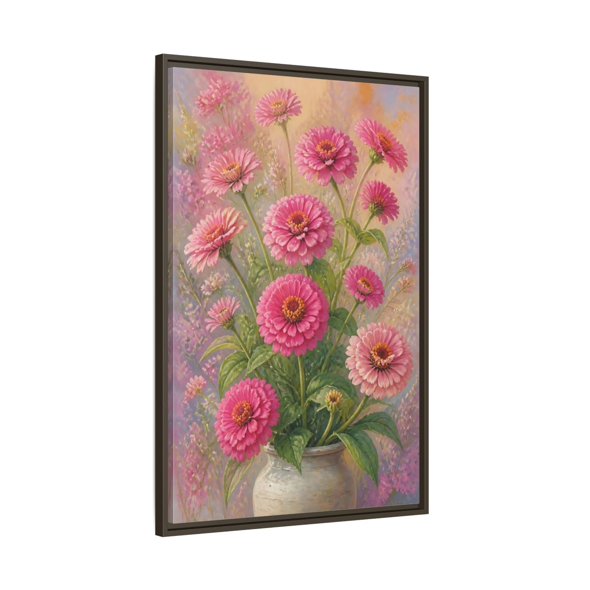 Main Mockup. Floral Pink Zinnias Pink Zinnia Bouquet shown as stretched canvas wall art