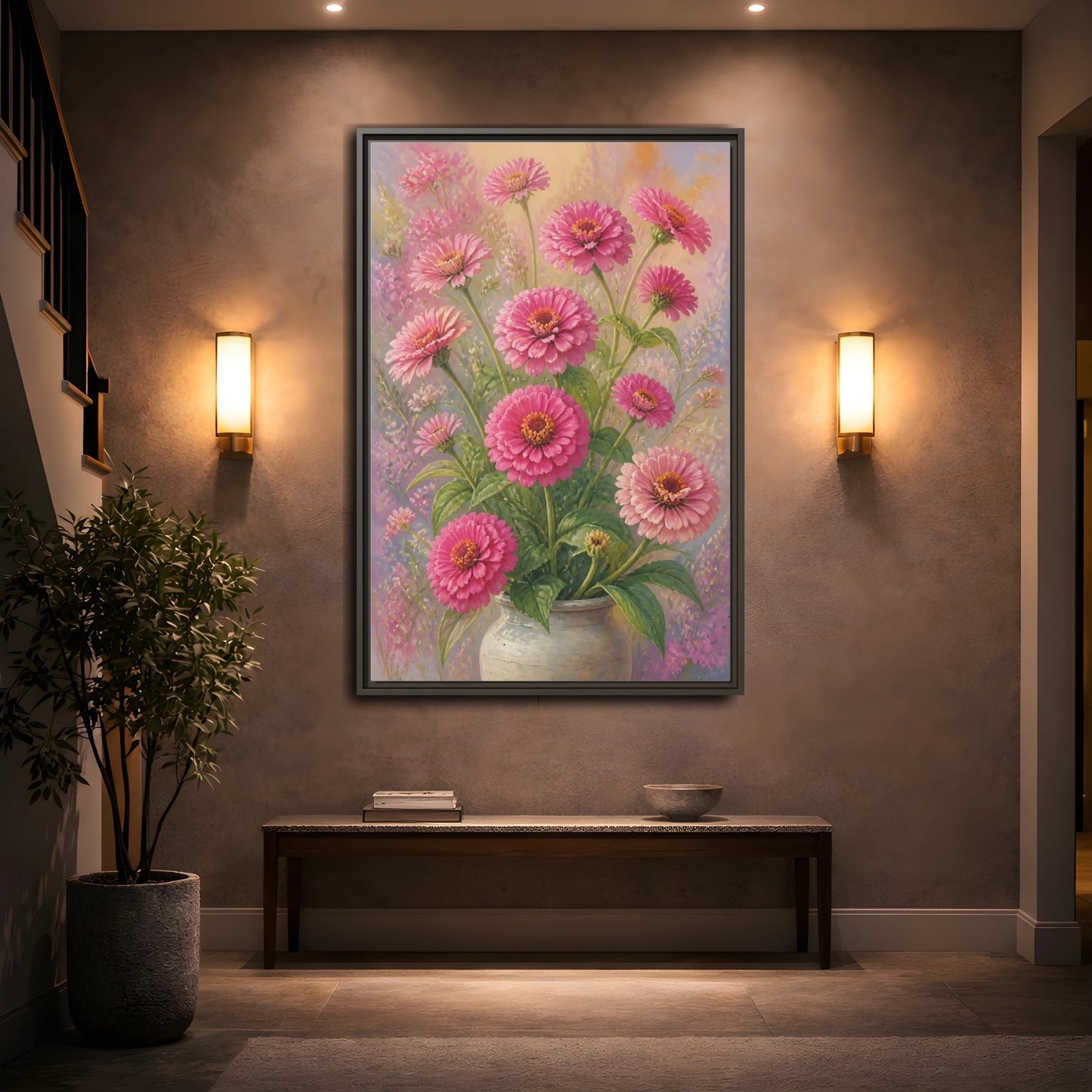 Mockup 2. Floral Pink Zinnias Pink Zinnia Bouquet shown as stretched canvas wall art