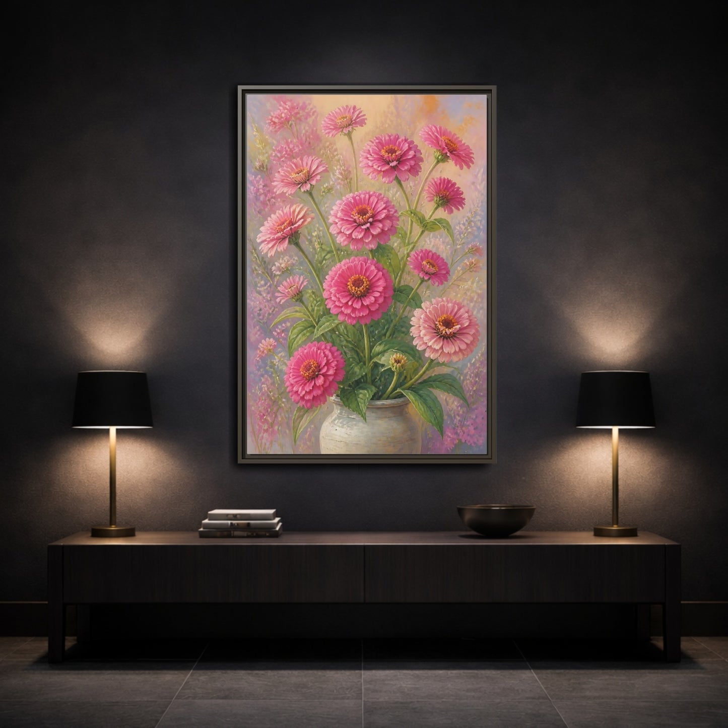 Mockup 3. Floral Pink Zinnias Pink Zinnia Bouquet shown as stretched canvas wall art