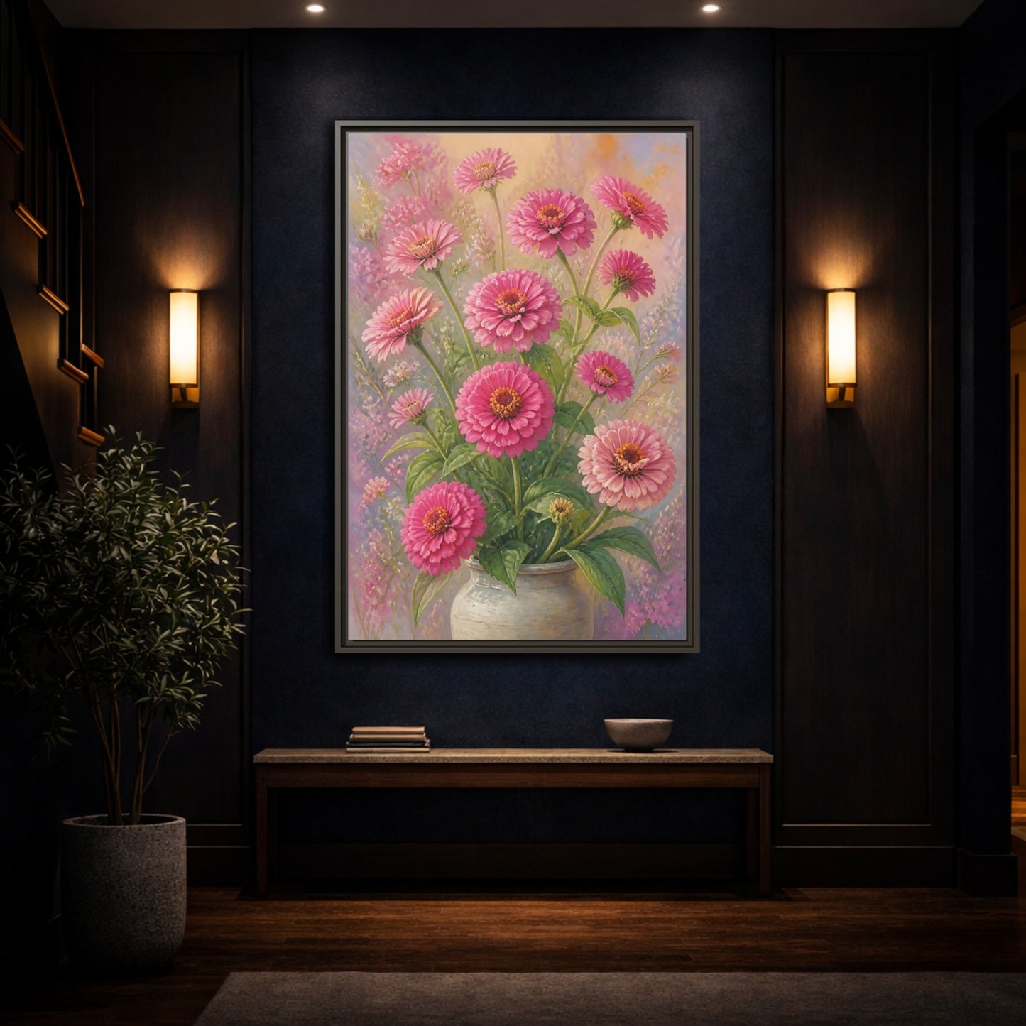Mockup 4. Floral Pink Zinnias Pink Zinnia Bouquet shown as stretched canvas wall art