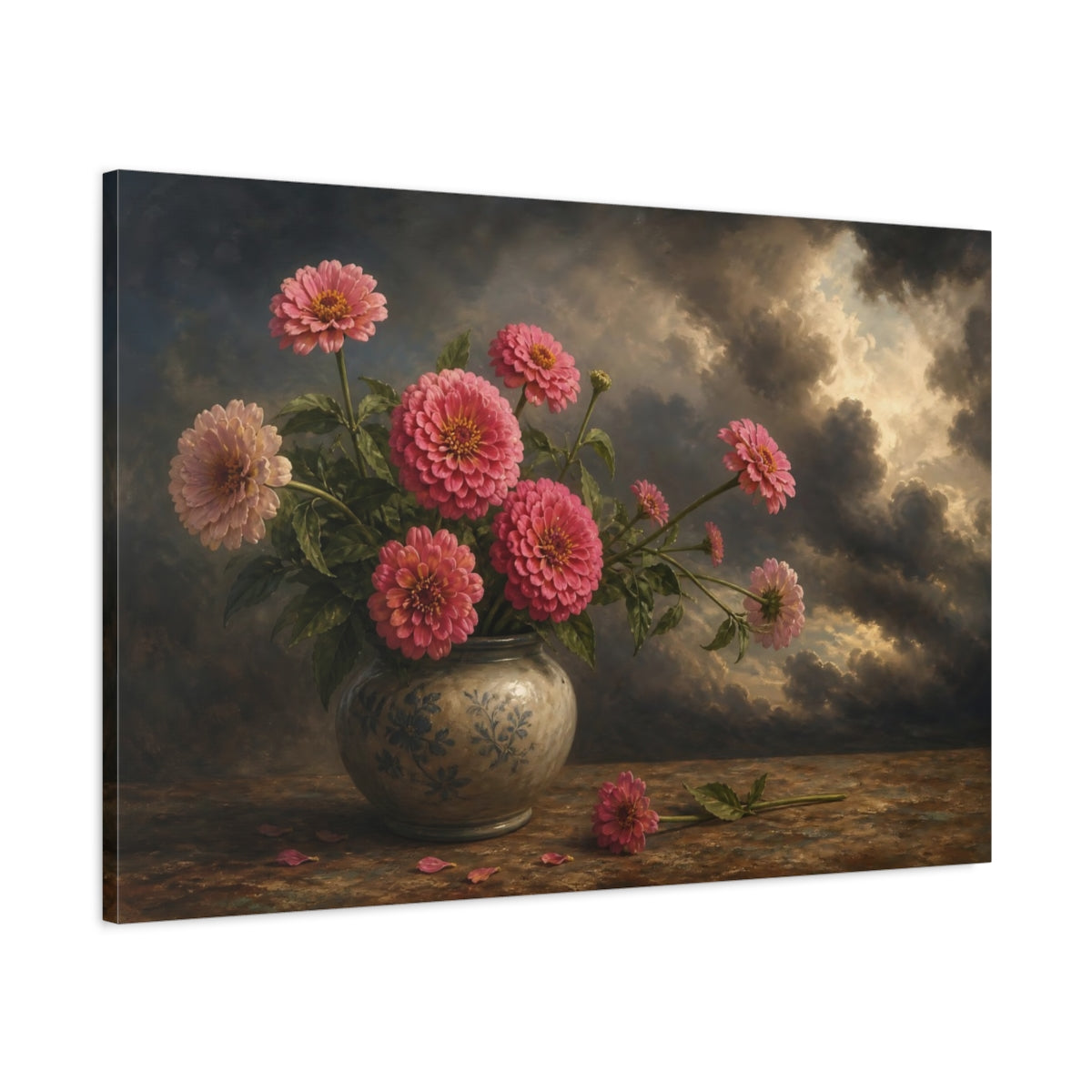 Main Mockup. Floral Pink Zinnias Pink Zinnia Still Life shown as stretched canvas wall art