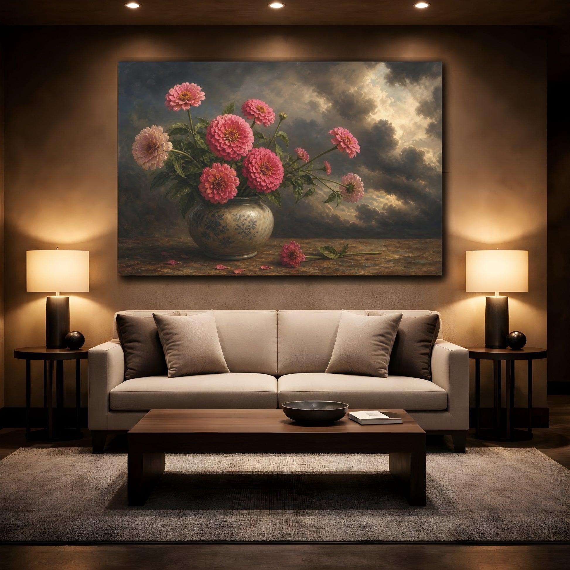 Mockup 2. Floral Pink Zinnias Pink Zinnia Still Life shown as stretched canvas wall art