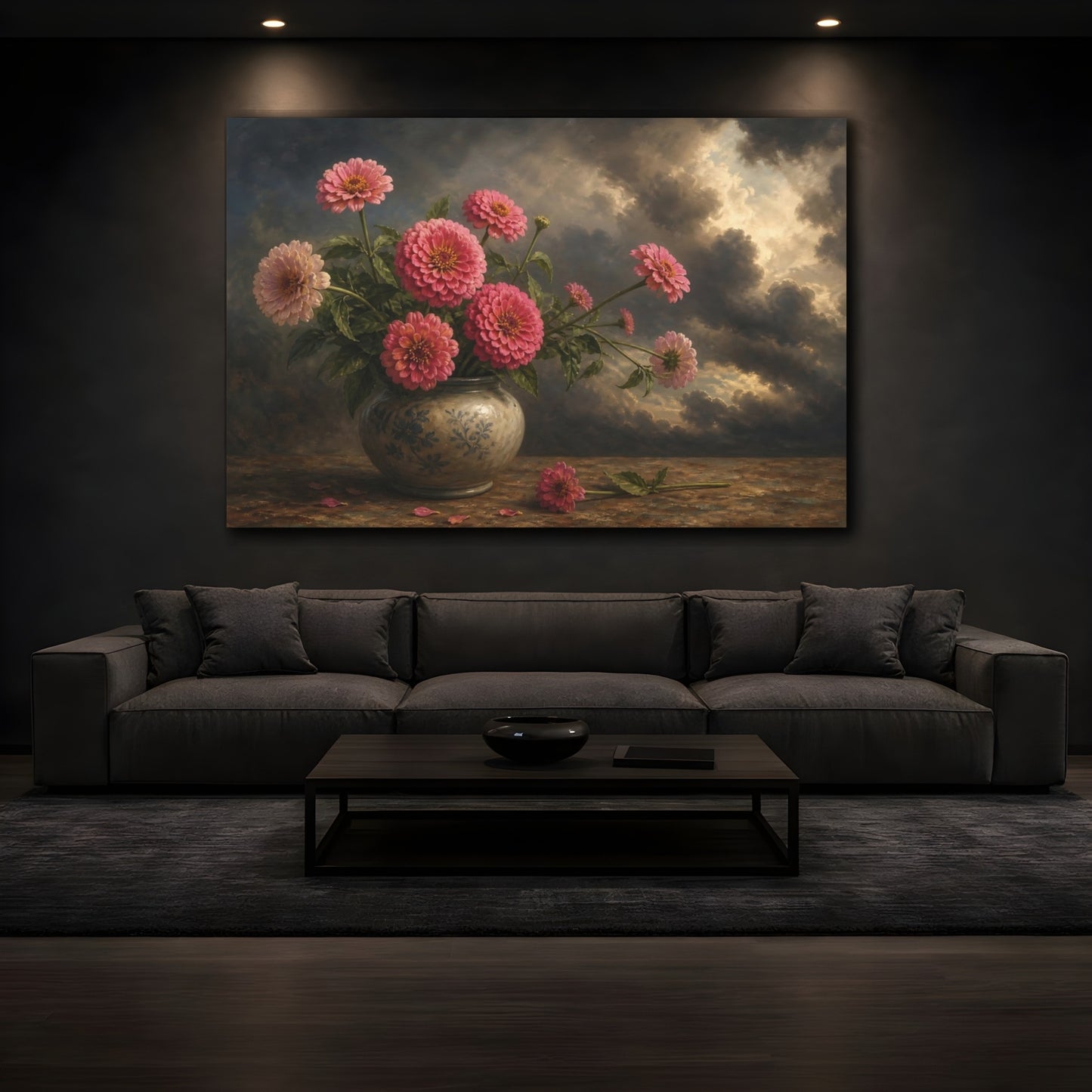 Mockup 3. Floral Pink Zinnias Pink Zinnia Still Life shown as stretched canvas wall art