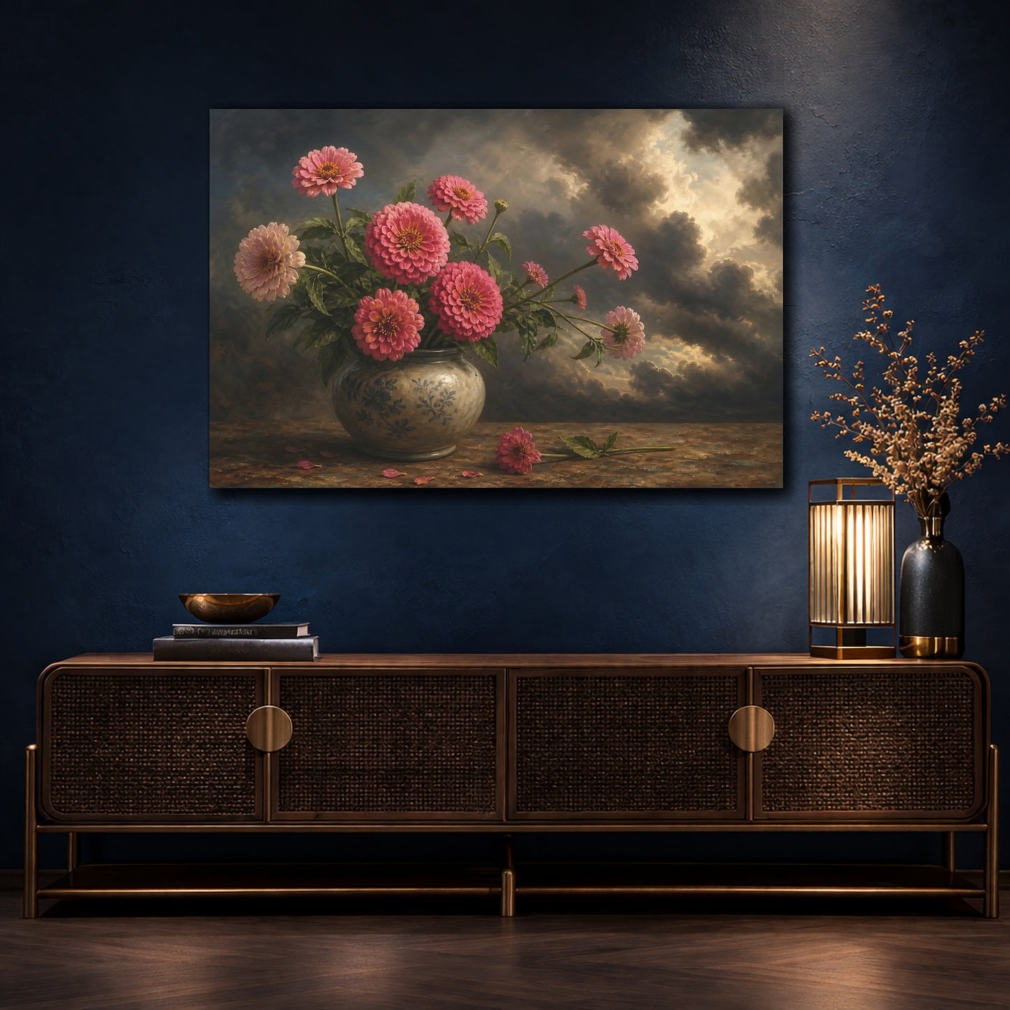 Mockup 4. Floral Pink Zinnias Pink Zinnia Still Life shown as stretched canvas wall art