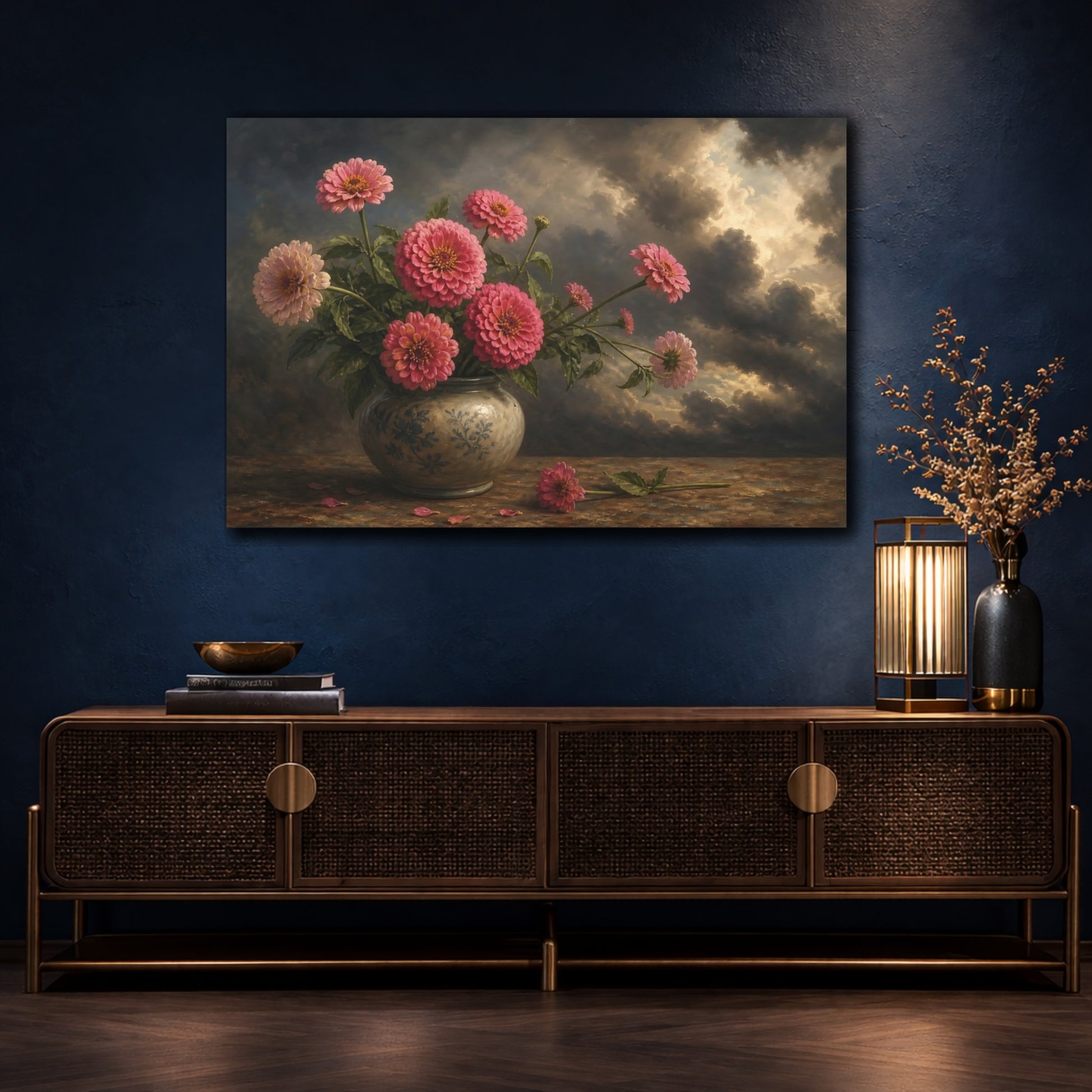 Mockup 4. Floral Pink Zinnias Pink Zinnia Still Life shown as stretched canvas wall art