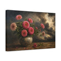Side Mockup 4. Floral Pink Zinnias Pink Zinnia Still Life shown as stretched canvas wall art