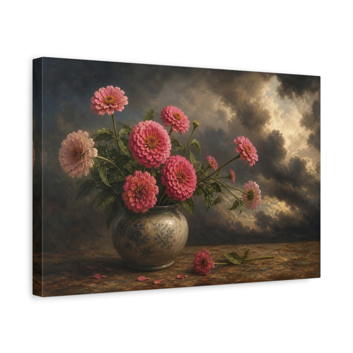 Side Mockup 4. Floral Pink Zinnias Pink Zinnia Still Life shown as stretched canvas wall art