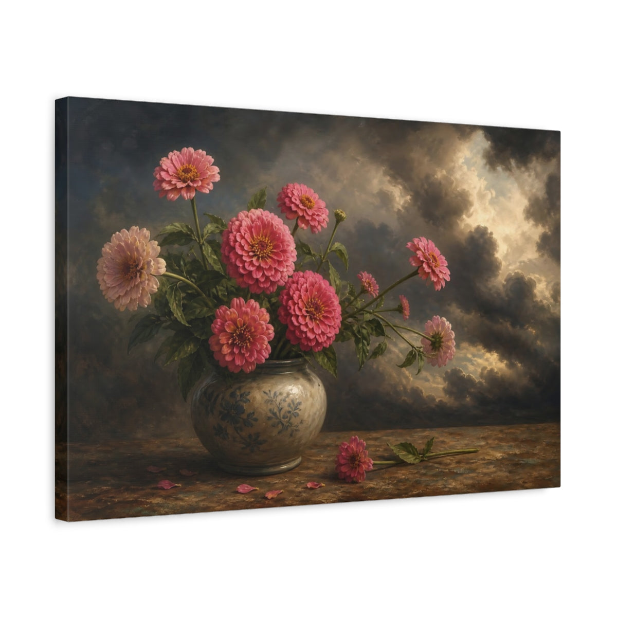 Side Mockup 3. Floral Pink Zinnias Pink Zinnia Still Life shown as stretched canvas wall art